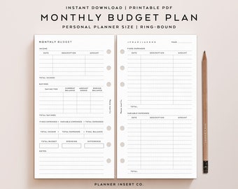 PERSONAL SIZE // Monthly Budget Planner Insert Printable / Income Budget Spending Expenses Payments Bills / Personal Planner Insert Minimal