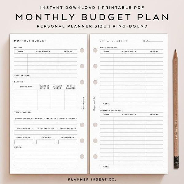 PERSONAL SIZE // Monthly Budget Planner Insert Printable / Income Budget Spending Expenses Payments Bills / Personal Planner Insert Minimal