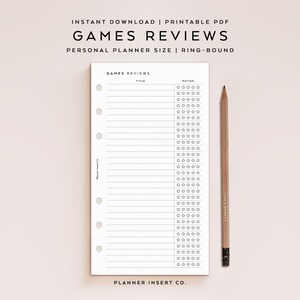 パーソナルサイズ // ゲームレビュートラッカープランナー挿入印刷可能 / ゲームレビューテンプレート / ゲーム評価ログ / ゲームジャーナル / ミニマル