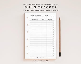 FORMATO TASCABILE // Inserto per planner stampabile con tracciamento delle bollette / Bollette dovute / Lista di controllo per i pagamenti mensili delle bollette / Inserti per planner con anelli tascabili / Minimo