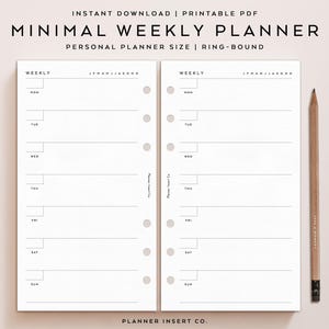 PERSONAL SIZE // Minimal Weekly Planner Insert Printable / Undated Weekly Planner Pages / Week Schedule Overview / Horizontal Layout / WO1P