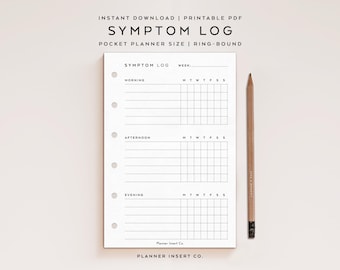 POCKET SIZE // Symptom Log Printable Insert / Daily Symptom Tracker / Weekly Symptoms / Monthly Symptom Journal / Medical / Health Tracker