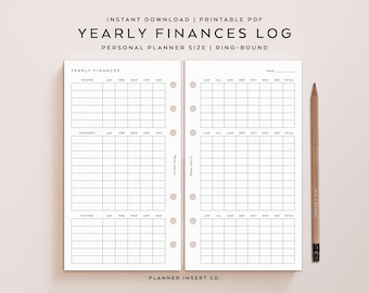 PERSONAL SIZE // Yearly Finances Tracker Planner Insert Printable / Income Expenses Savings Tracker / Financial Log / Annual Budget Planner