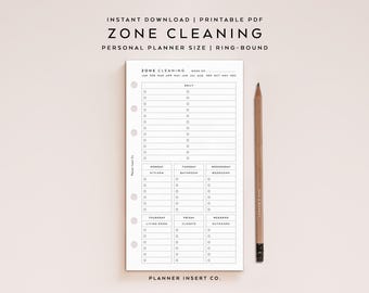 TAMANHO PESSOAL // Planejador de limpeza de zona para impressão / Cronograma de limpeza de tarefas semanais / Lista de verificação de limpeza Gerenciamento doméstico / Mínimo