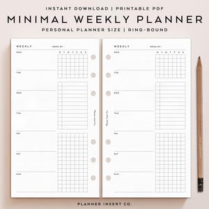 PERSONAL SIZE // Undated Weekly Planner Printable Insert / Weekly Horizontal Planner / Week Schedule Overview Layout / WO1P / Minimal