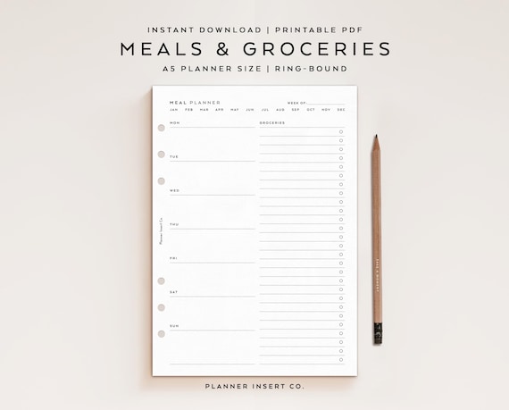 A5 PLANNER SIZE // Weekly Meal Planner & Groceries List Printable Insert / Weekly Menu Planner / Meal Prep / Grocery List / Health / Fitness