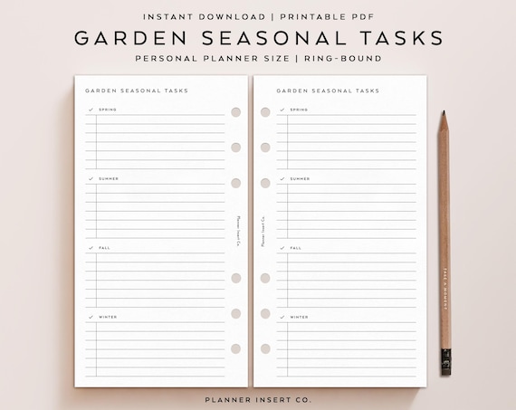 PERSONAL SIZE // Garden Seasonal Tasks Printable Planner Insert / Gardening To Do Checklist Log / Gardening Tasks Tracker / Garden Planner