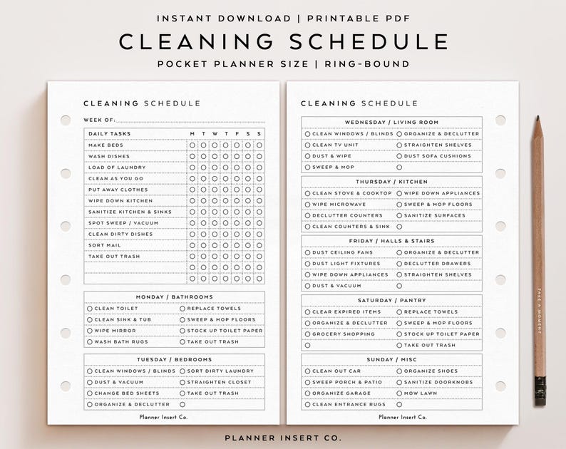 POCKET SIZE // Cleaning Schedule Printable Planner Insert / Zone ...