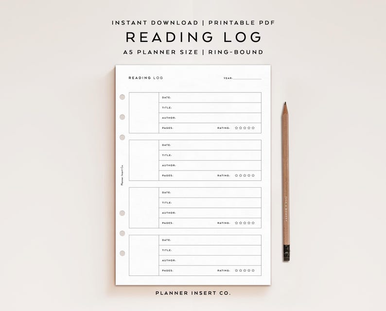 A5 PLANNER SIZE // Reading Log Printable Planner Insert / Book Reviews ...