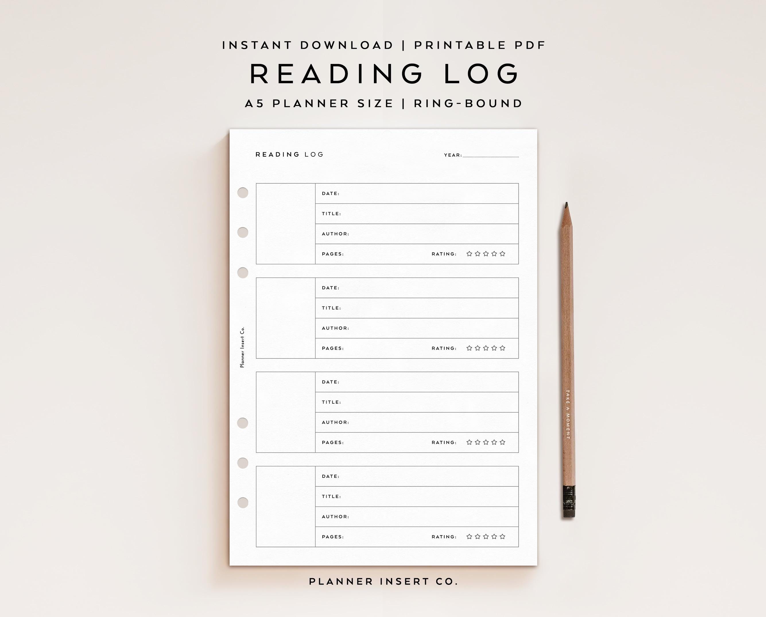 A5 PLANNER SIZE // Reading Log Printable Planner Insert / Book Reviews ...