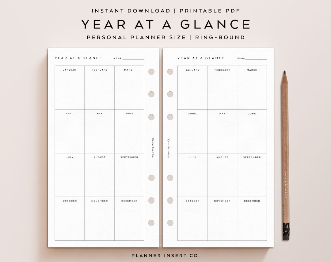 PERSONAL SIZE // Year at a Glance Printable Planner Inserts, Yearly ...