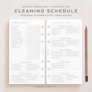 PERSONAL SIZE // Cleaning Schedule Printable Planner Insert / Zone Cleaning Checklist Home Management Weekly Chores Cleaning Plan / Minimal