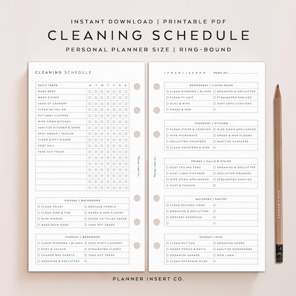 TAMAÑO PERSONAL // Planificador imprimible para programa de limpieza / Lista de verificación de limpieza por zonas Gestión del hogar Tareas semanales Plan de limpieza / Mínimo