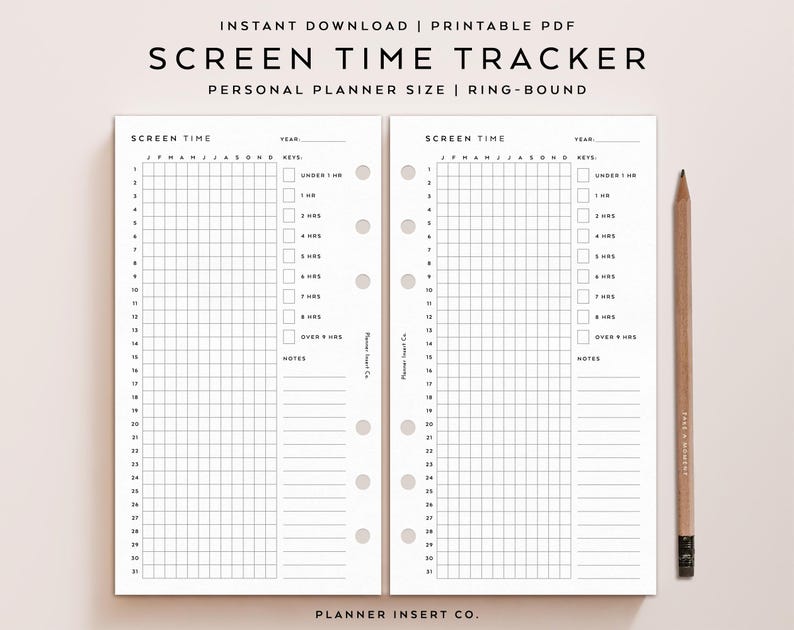 PERSONAL SIZE // Screen Time Tracker Planner Insert Printable / Screen Time Log / Yearly Habit Tracker / Screen Time Journal / Minimal image 3