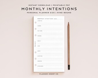 PERSONAL SIZE // Monthly Intentions Printable Planner Insert / Monthly Goals Setting Self Care Personal Health Work / Minimal Planner Insert