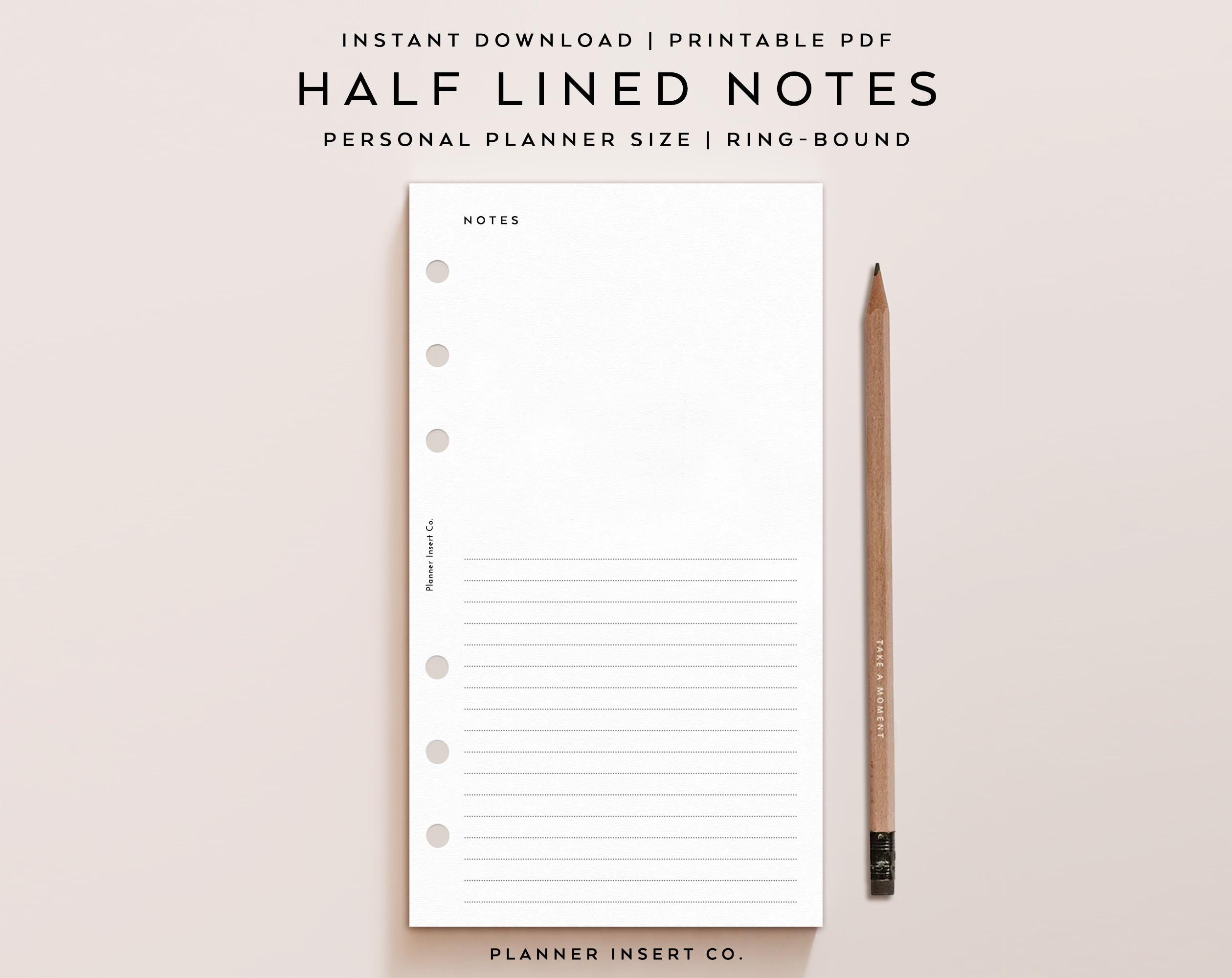 PERSONAL SIZE // Half Lined Notes Printable Planner Insert, Note Taking ...