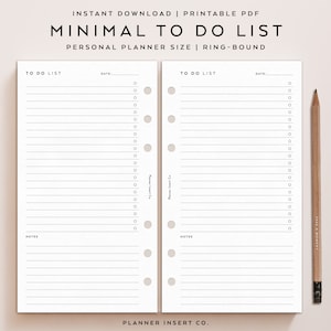 PERSONAL SIZE // Minimal To Do List Printable Planner Insert / Daily Task List / Checklist Tasks List Organizer Agenda / Personal Rings