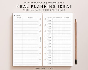 PERSONAL SIZE // Meal Planning Ideas Printable Planner Insert / Recipe Planner / Menu Planner / Meal Prep Planner / Health / Diet / Fitness