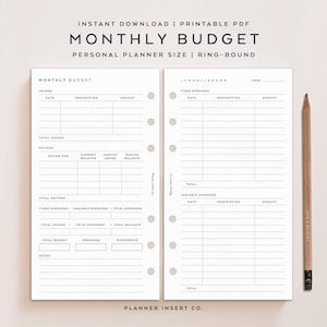 PERSONAL SIZE // Monthly Budget Planner Insert Printable / Income Budget Spending Expenses Payments Bills / Personal Planner Insert Minimal