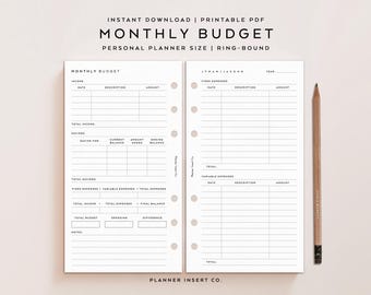 PERSONAL SIZE // Monthly Budget Planner Insert Printable / Income Budget Spending Expenses Payments Bills / Personal Planner Insert Minimal