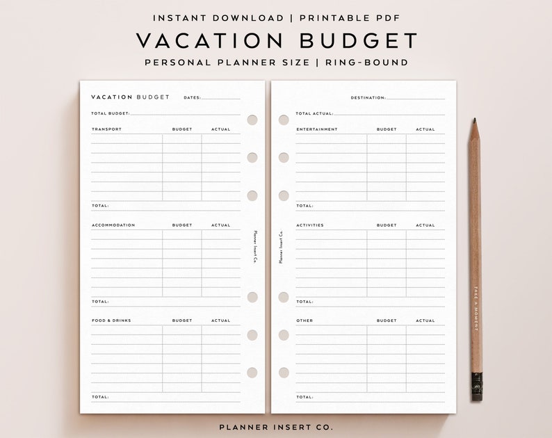 May include: A printable vacation budget planner insert for personal ring-bound planners. The white pages feature black text and lines with sections for transport, accommodation, food, drinks, entertainment, activities, and other expenses, plus a pencil.