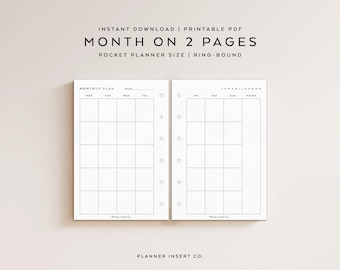 ZAKFORMAAT // Afdrukbare maandplanner / Maand op twee pagina's / Maand in één oogopslag / Monday Sunday Start / MO2P / Minimale zakringen