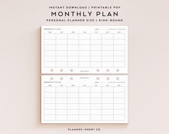 PERSONAL SIZE // Monthly Planner Printable Insert / Month On One Page / Monday Sunday Start / MO1P / Month At A Glance / Monthly / Minimal
