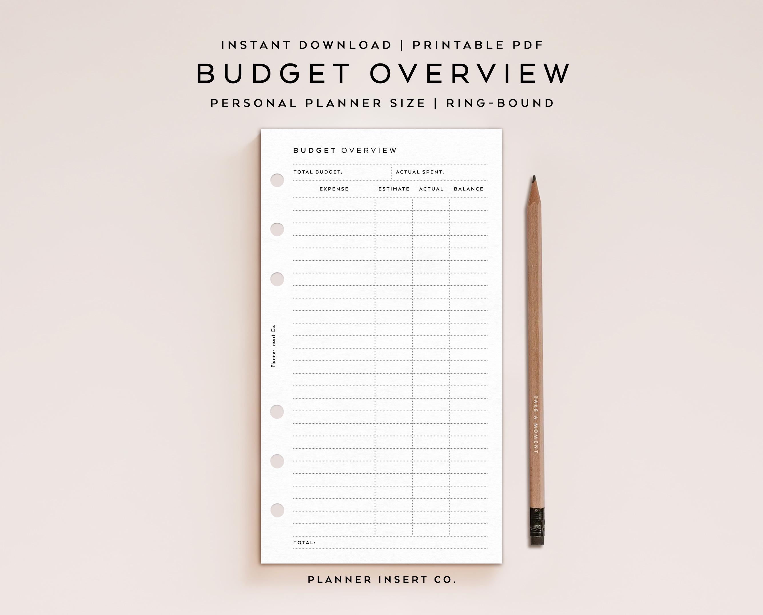 PERSONAL SIZE // Budget Overview Planner Insert Printable / Income Budget Spending Expenses Payments Bills / Personal Planner Insert Minimal