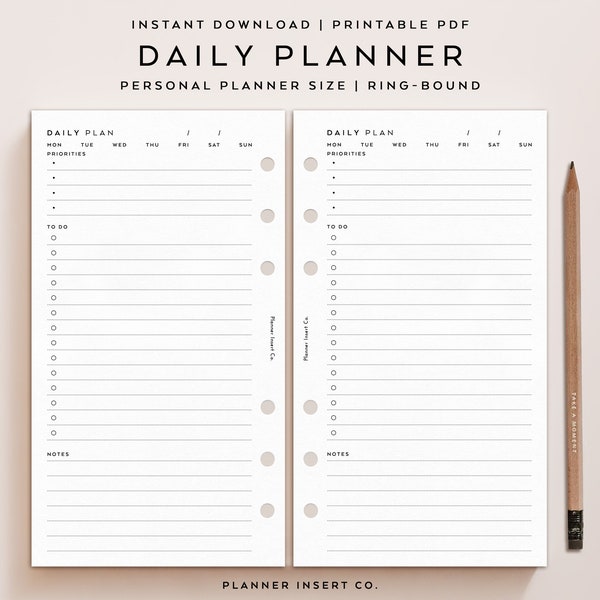 PERSONAL SIZE // Daily Planner Insert Printable / Undated Day Planner / Personal Planner Insert / Daily Plan Schedule Agenda / Minimal