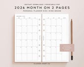 PERSONAL SIZE // 2026 Monthly Planner Printable Insert / Month On Two Pages 2026 Calendar Agenda / Monday Sunday Start / MO2P / Minimal