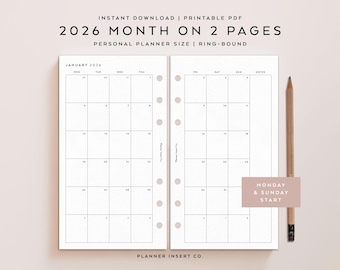 PERSONAL SIZE // 2026 Monthly Planner Printable Insert / Month On Two Pages 2026 Calendar Agenda / Monday Sunday Start / MO2P / Minimal