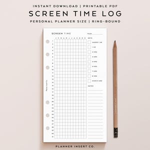 PERSONAL SIZE // Screen Time Tracker Planner Insert Printable / Screen Time Log / Yearly Habit Tracker / Screen Time Journal / Minimal image 2
