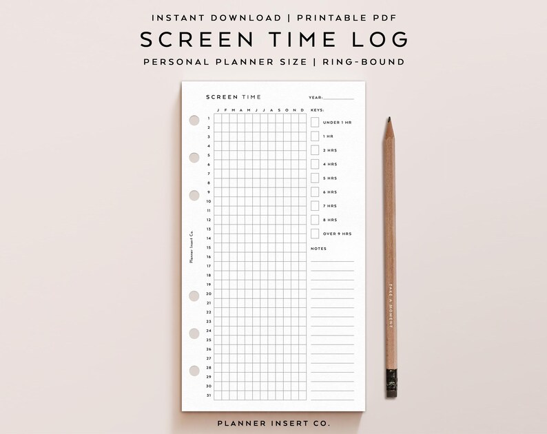 PERSONAL SIZE // Screen Time Tracker Planner Insert Printable / Screen Time Log / Yearly Habit Tracker / Screen Time Journal / Minimal image 2