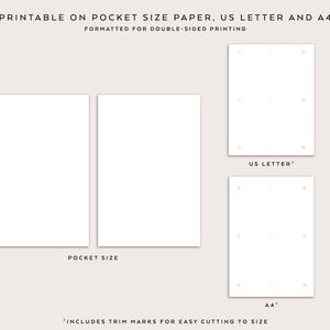 Pu&ograve; includere: Modelli di carta bianca in formato tascabile, US Letter e A4. L'immagine include il testo: "PRINTABLE ON POCKET SIZE PAPER, US LETTER AND A4 FORMATTED FOR DOUBLE-SIDED PRINTING" e "INCLUDES TRIM MARKS FOR EASY CUTTING TO SIZE."
