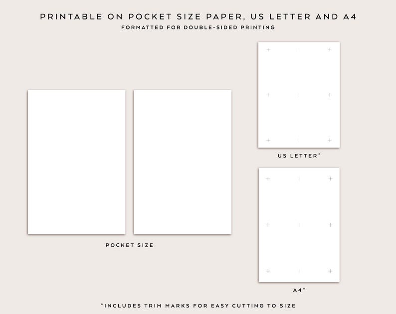Pu&ograve; includere: Modelli di carta bianca in formato tascabile, US Letter e A4. L'immagine include il testo: "PRINTABLE ON POCKET SIZE PAPER, US LETTER AND A4 FORMATTED FOR DOUBLE-SIDED PRINTING" e "INCLUDES TRIM MARKS FOR EASY CUTTING TO SIZE."