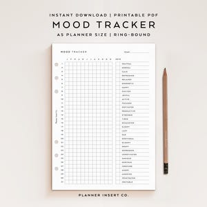 May include: A white A5 mood tracker planner insert with a grid for daily entries and a key for mood descriptions. The text "MOOD TRACKER" and "A5 PLANNER SIZE" are at the top. A wooden pencil rests on the right side. The text "PLANNER INSERT CO." is at the bottom.
