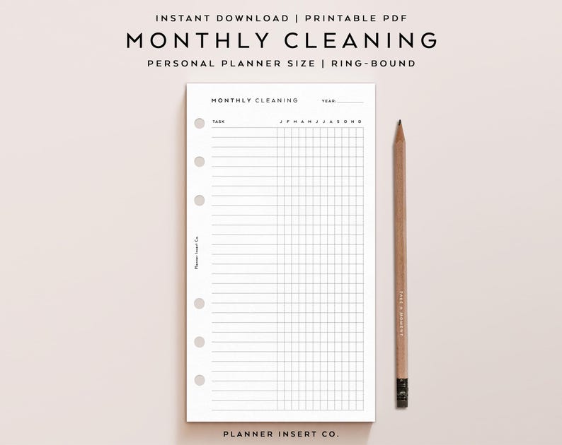 PERSONAL SIZE // Monthly Cleaning Checklist Printable Planner Insert ...