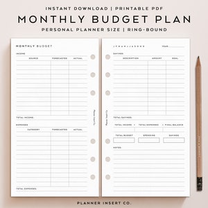 PERSONAL SIZE // Monthly Budget Planner Printable Insert / Budget Overview Income Spending Expenses Payments Bills / Finance Plan Minimal