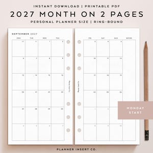 Puede incluir: Un inserto de planificador PDF imprimible para 2027, con un dise&ntilde;o de un mes en dos p&aacute;ginas. El dise&ntilde;o incluye un calendario para septiembre de 2027, con inicio en lunes. Un l&aacute;piz descansa junto a las p&aacute;ginas abiertas.