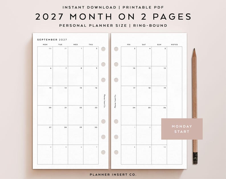 Puede incluir: Un inserto de planificador PDF imprimible para 2027, con un dise&ntilde;o de un mes en dos p&aacute;ginas. El dise&ntilde;o incluye un calendario para septiembre de 2027, con inicio en lunes. Un l&aacute;piz descansa junto a las p&aacute;ginas abiertas.