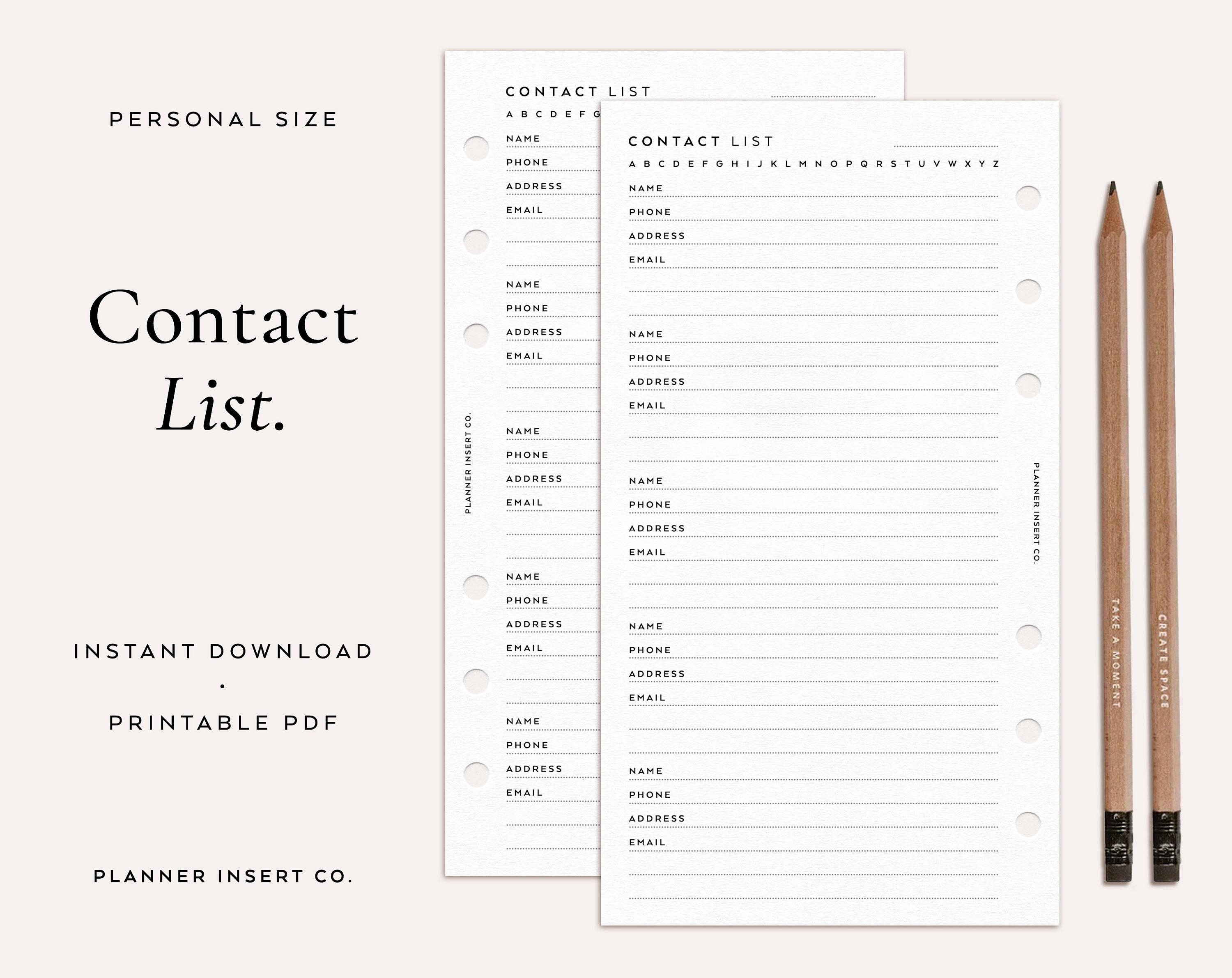 PERSONAL SIZE // Contact List Printable Planner Insert / - Etsy