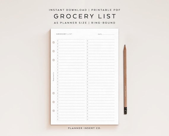 A5 PLANNER SIZE // Grocery List Printable Planner Insert, Groceries List Planner, Food Shopping List, Meal Prep Planner, Diet Health Fitness