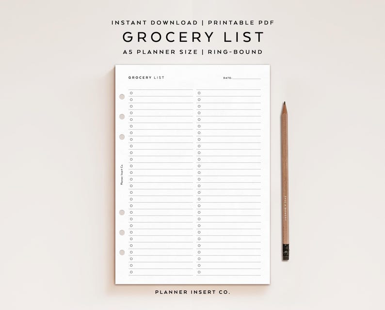 A5 PLANERARE STORLEK // Inköpslista Utskrivbar Planner Insats, Inköpslista Planner, Matinköpslista, Måltidsförberedelseplanerare, Kost Hälsa Fitness bild 1