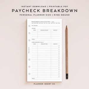 PERSONAL SIZE // Paycheck Budget Breakdown Planner Insert Printable, Paycheck Budget Overview Minimal, Income Expenses Payments Bills