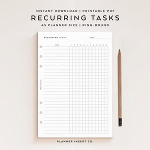 May include: A white A5 planner insert with the text "RECURRING TASKS" and a grid for tracking tasks. A wooden pencil rests beside the planner. The top of the insert reads "INSTANT DOWNLOAD | PRINTABLE PDF".