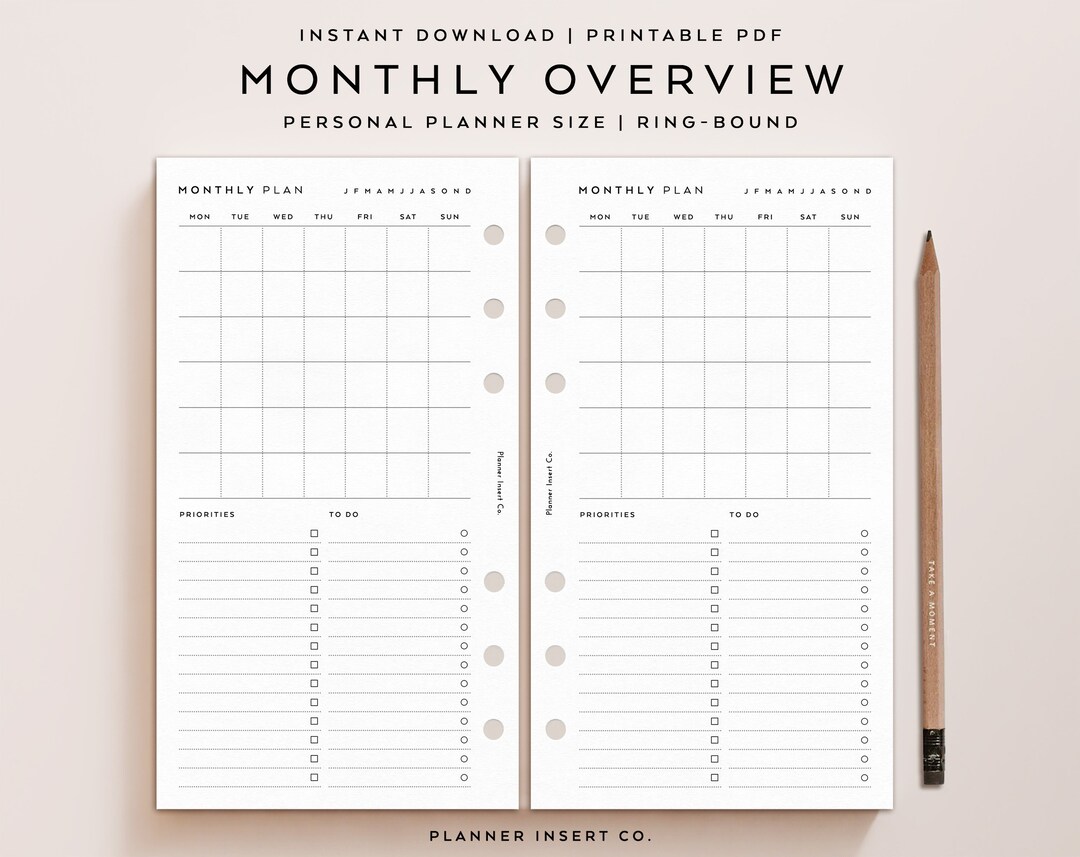 PERSONAL SIZE // Monthly Plan Overview Printable Insert, Monthly ...