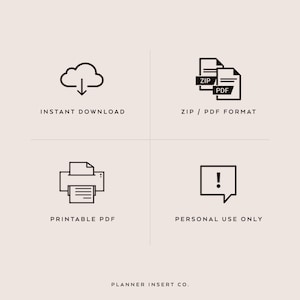 May include: Black and white icons representing instant download, printable PDF, ZIP/PDF format, and personal use only. The text "PLANNER INSERT CO." is at the bottom of the image.