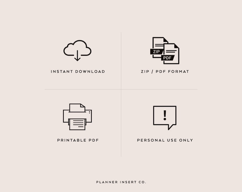 May include: Black and white icons representing instant download, printable PDF, ZIP/PDF format, and personal use only. The text "PLANNER INSERT CO." is at the bottom of the image.