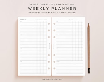 PERSONAL SIZE // Undated Weekly Planner Insert Printable, Week on 2 Pages, Week Planner, Weekly Insert, Weekly Schedule Plan, Minimal, Grid