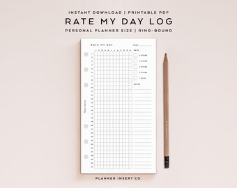 PERSONAL SIZE // Rate My Day Tracker Planner Insert Printable, Daily Rating Journal, Mood Tracker, Year in Pixels, Minimal Monthly Tracker